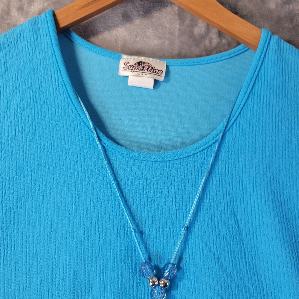 Superline Blue Fringe Hem Tunic‎ Top One Size Necklace Boho Crinkle Stretch USA - Picture 7 of 9